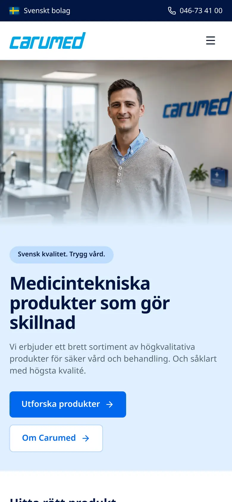 Carumeds webbplats i mobilvy