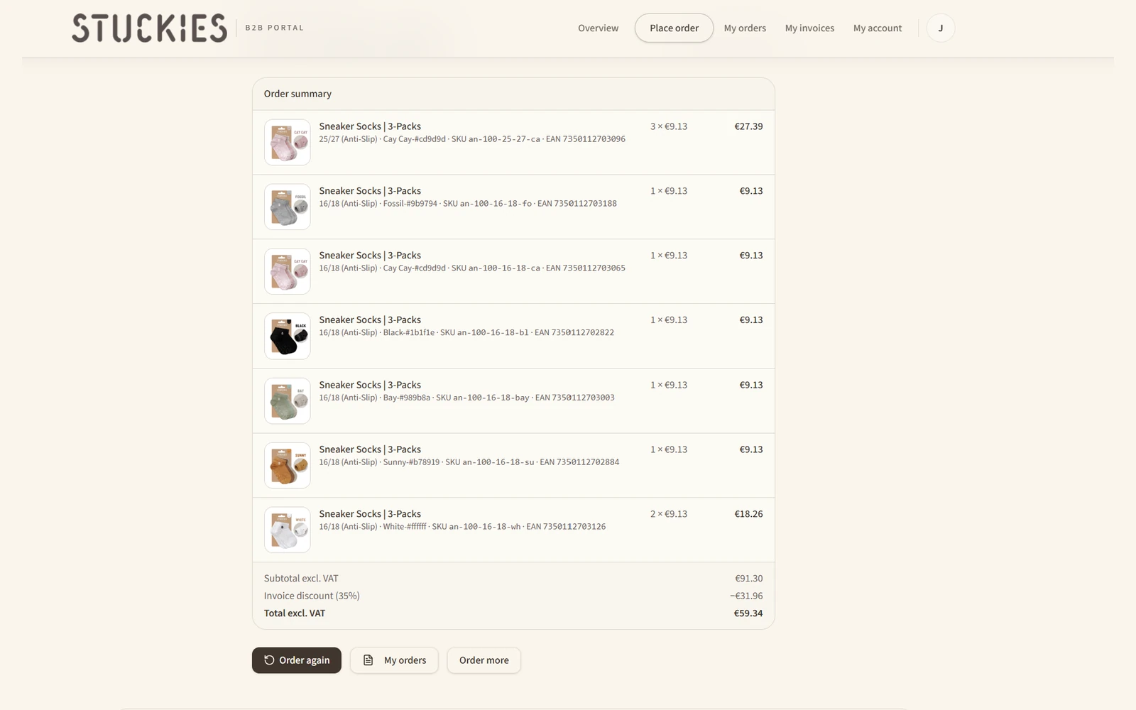 Ordersammanställning med priser och rabatt i Stuckies partnerportal