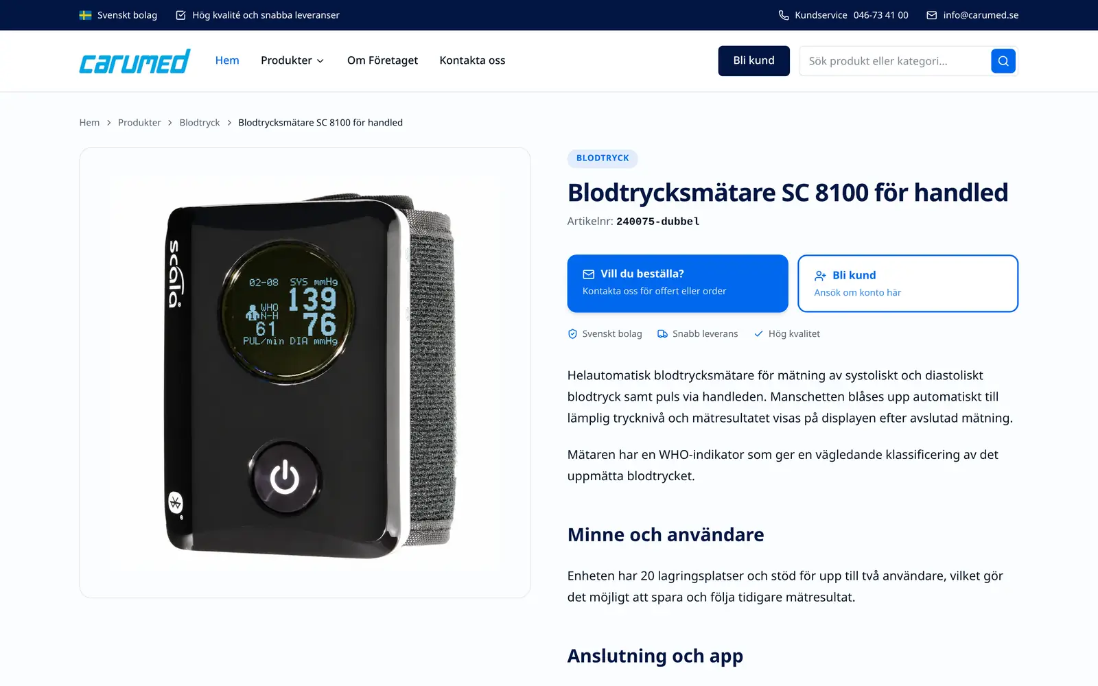 Produktsida på Carumeds webbplats