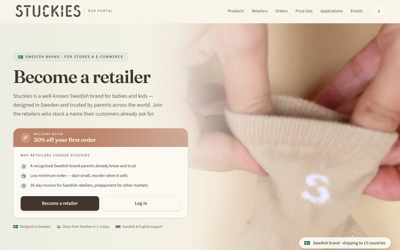 Startsidan i Stuckies partnerportal med erbjudande och inloggning